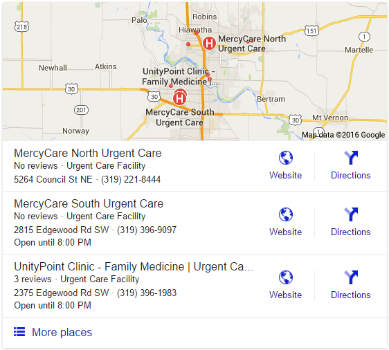 Image of Google local results for "urgent care cedar rapids"