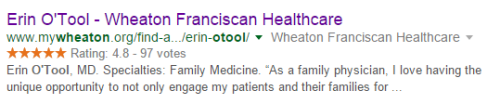 Snapshot of Google provider search result for Erin O'Tool of Wheaton Franciscan Healthcare