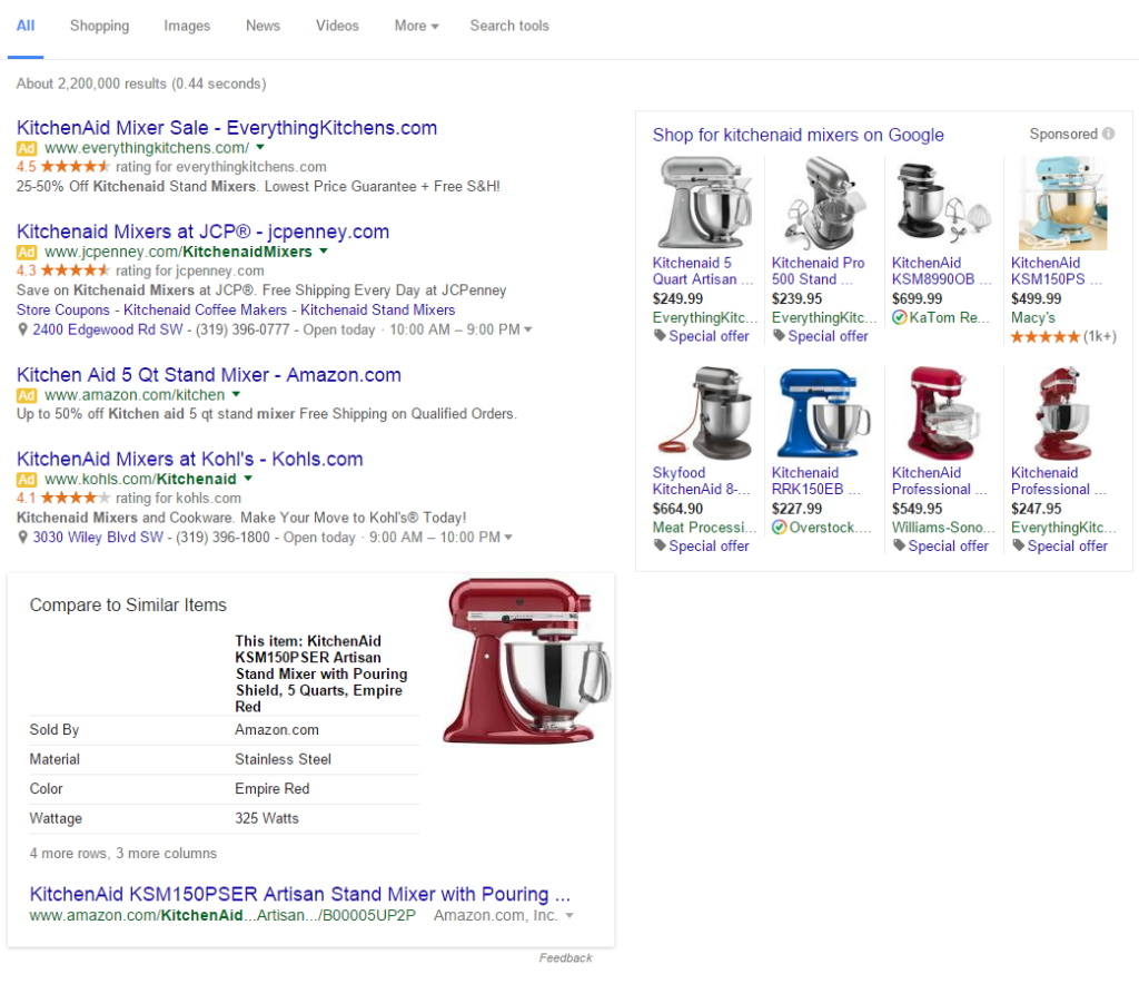 Snapshot of Google search results fro kitchenaid mixers