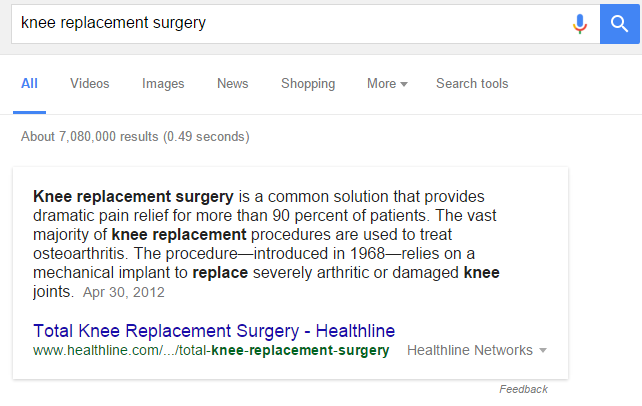 Snapshot of Google's Answer Box for knee replacement surgery