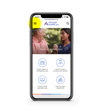 picture of adventist mobile healthcare site with hamburger icon highlighted