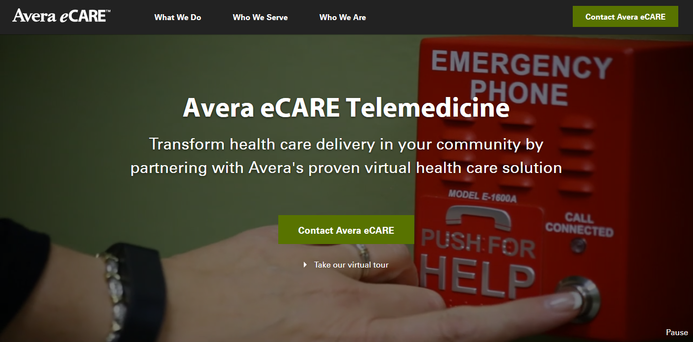 Avera eCARE's home page, which has a video background. A "pause" button is at the bottom right corner of the video.