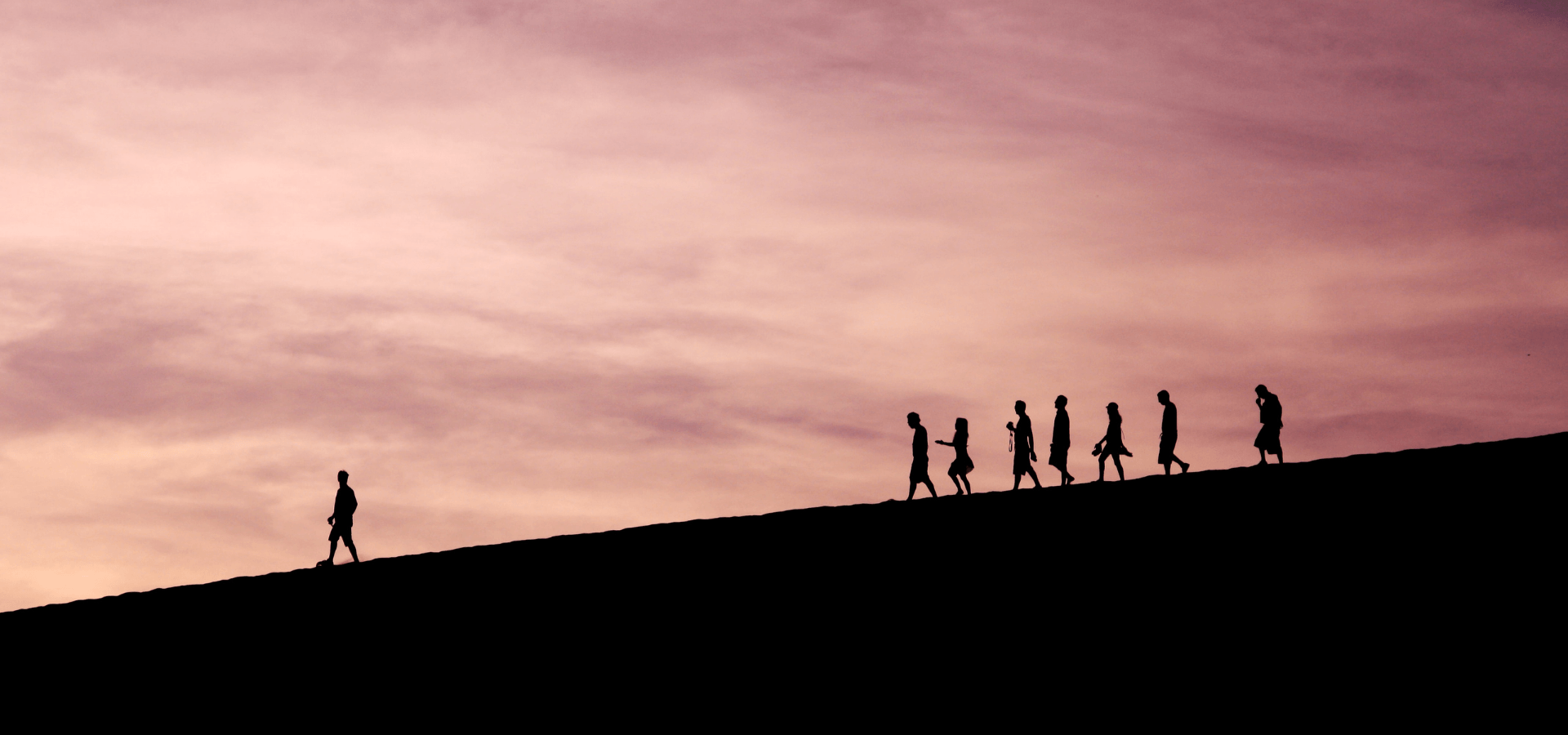 sunset with people walking along the horizon