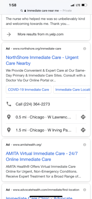 Screenshot of search results for immediate care near me