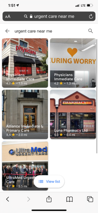 Screenshot of images showing photos of urgent care locations.