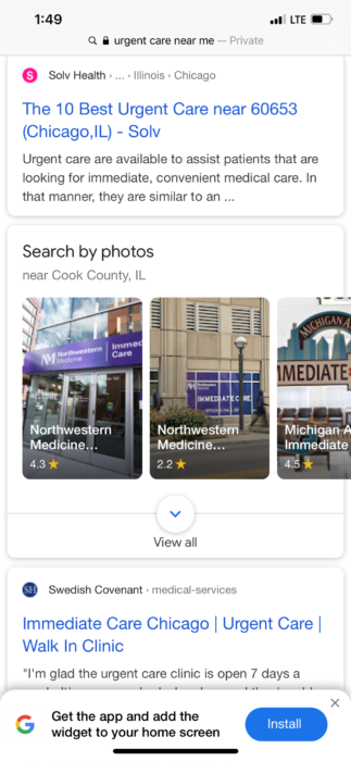 Screenshot of images showing photos of urgent care locations.