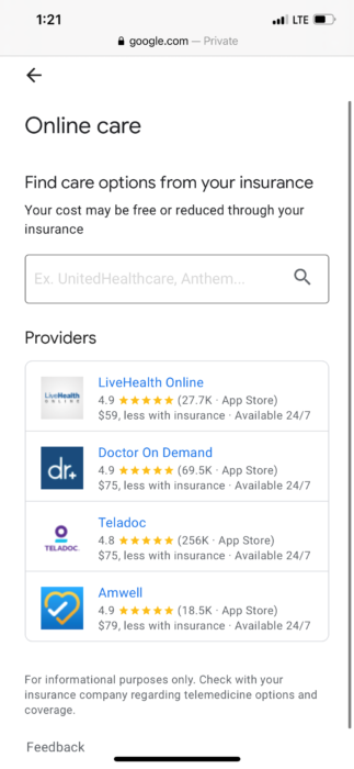 Screenshot of search result showing non-traditional providers.