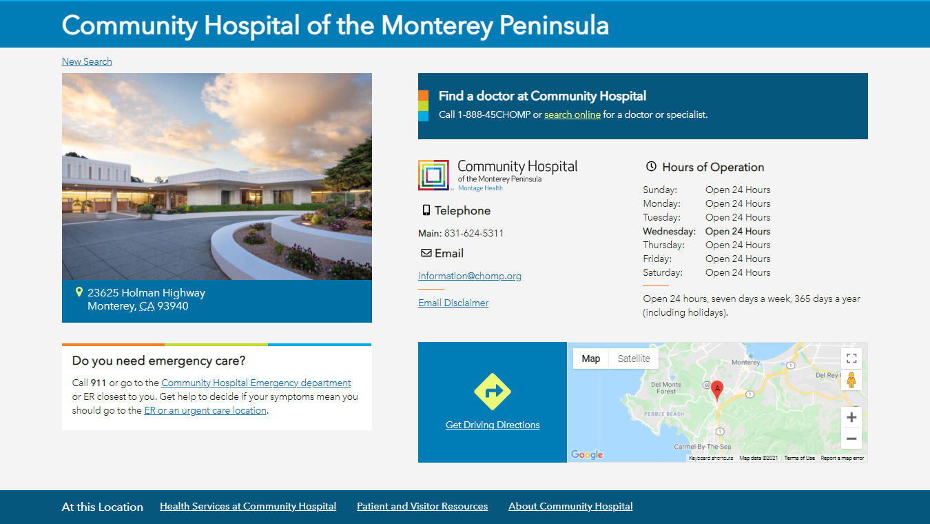 screenshot of Community Hospital's location profile