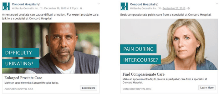 Two Facebook ads used in the urology campaign. The left one says "An enlarged prostate can cause difficult urination. For expert prostate care, talk to a specialist at Concord Hospital." Then there's an image of a man with the caption, "Difficulty Urinating?" The right one says, "Seek compassionate pelvic care from a specialist at Concord Hospital." There's an image of a woman with a caption that says, "Pain during intercourse?"
