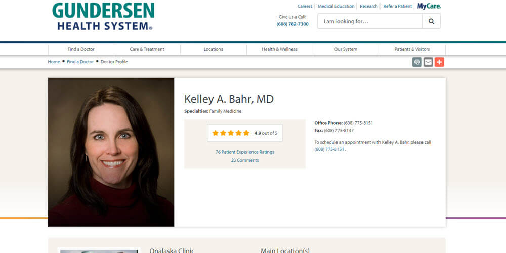 Gundersen Physician Profile for Kelley Bahr