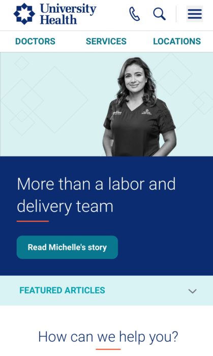 University Health mobile homepage