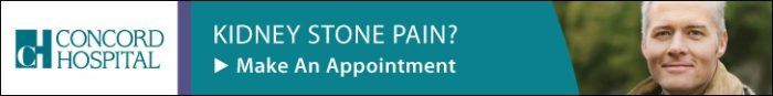 This is the original display ad. It has Concord Hospital's logo on the left. The caption says, "Kidney stone pain? Make An Appointment." On the right, there's a picture of a man.