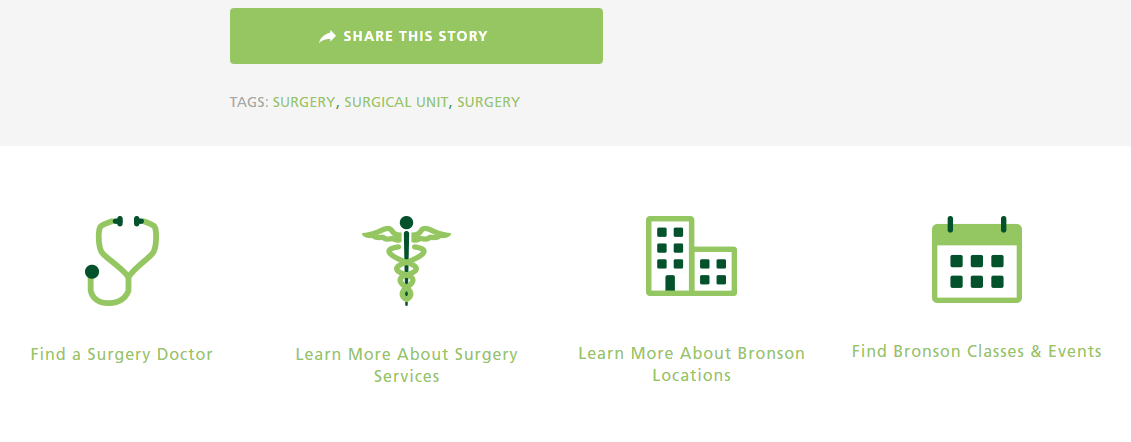 Icons at the bottom of the page allow users to find related doctors, services, locations, and classes