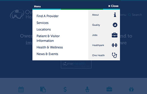 Snapshot from Owenboro Health's home page of pop-up when you select the hamburger menu