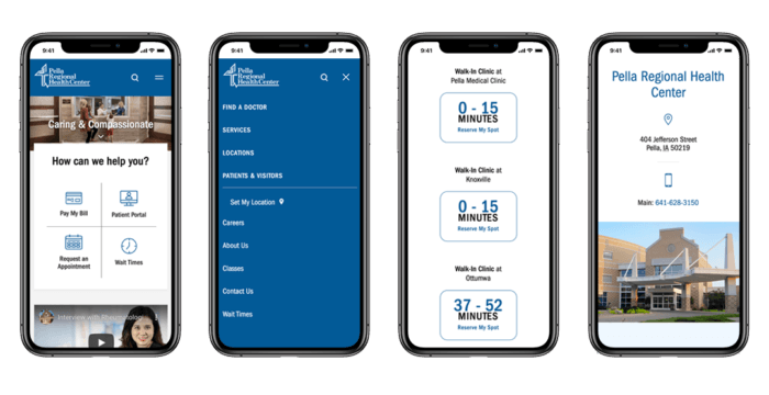 4 smart phones showing the Pella Healthcare mobile experience