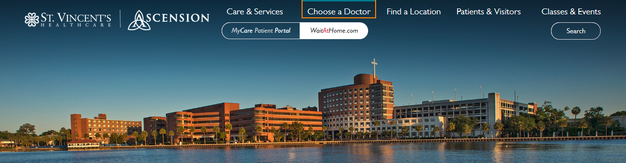 St. Vincent Healthcare's home page, which uses a box with an orange outline for visible focus. The focus is on the "Choose a Doctor" link in the navigation.