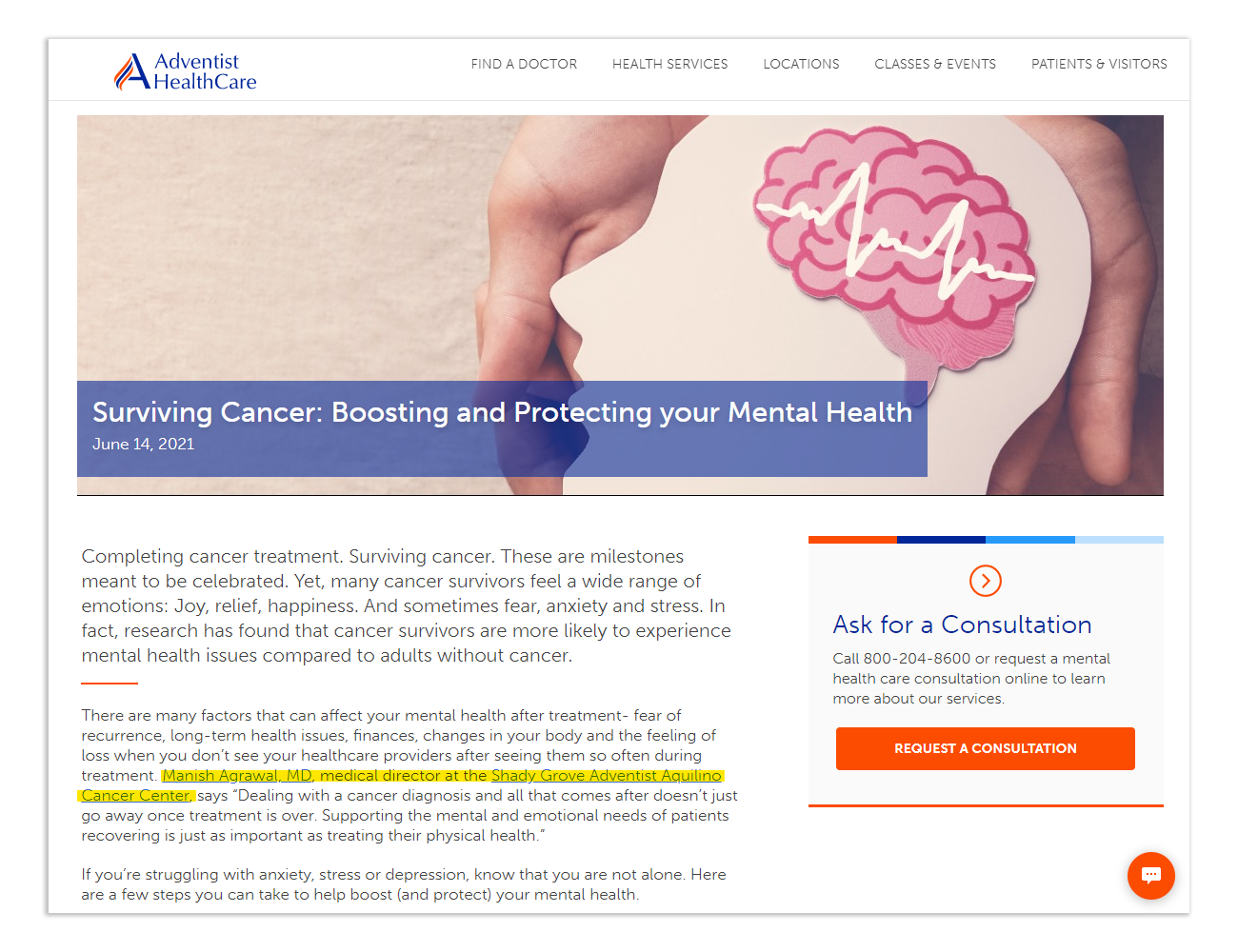 screenshot of Adventist HealthCare's Surviving Cancer Page