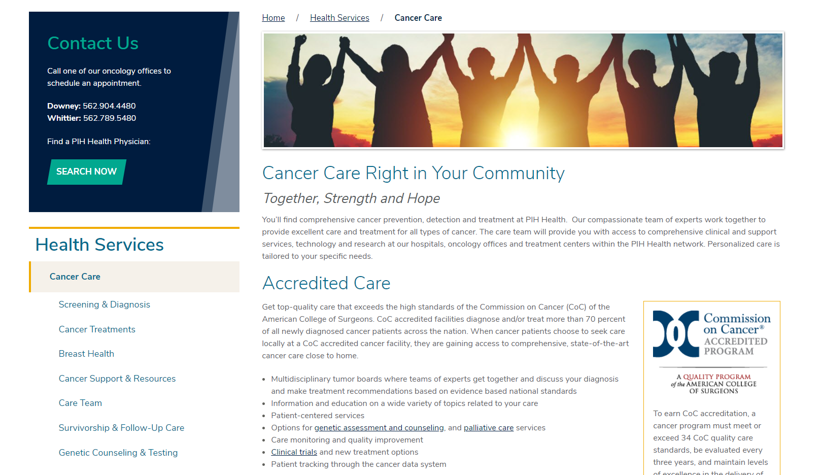 screenshot of PIH Health's cancer care section