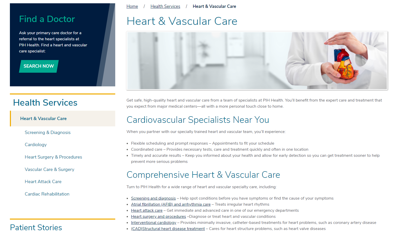 screenshot of PIH Health's heart and vascular page