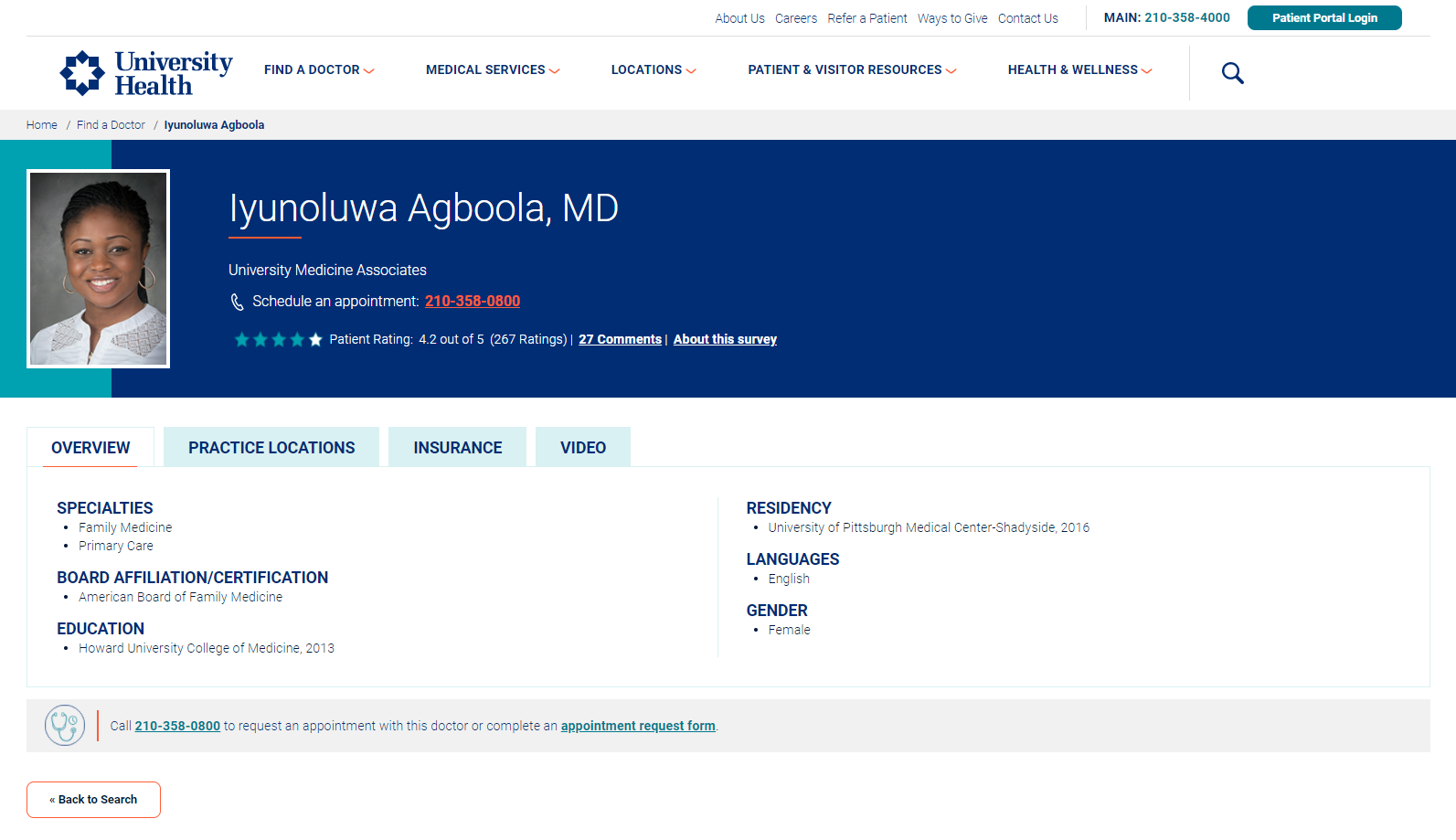 Screenshot of Iyunoluwa Agboola, MD profivder profile
