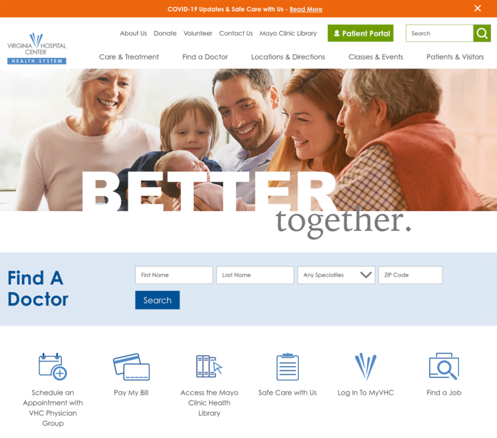A screenshot of Virginia Hospital Center Health System's home page after being redesigned.